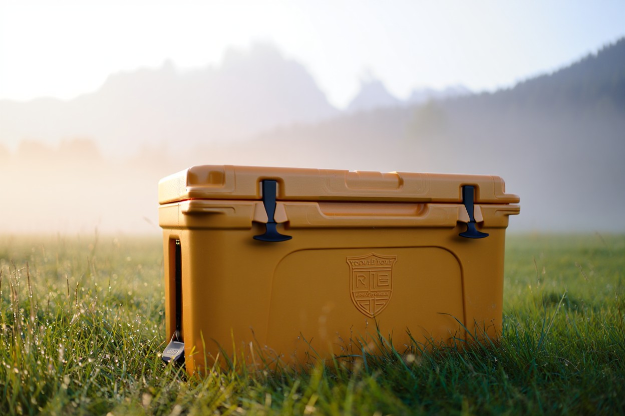 A premium rotomolded cooler bearing a tastefully embossed corporate logo, positioned in an alpine outdoor setting, demonstrating the durable, adventure-ready aesthetic that characterises Gold Standard corporate gifting.